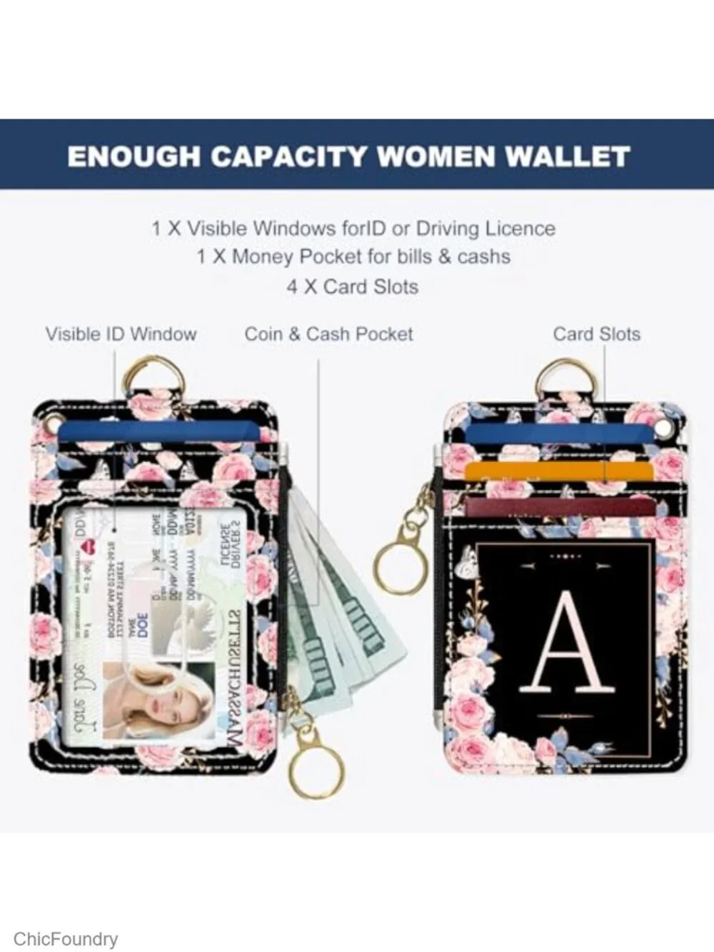 RFID Blocking Slim Wallet Credit Card Holder PU Leather with Zipper ID Window